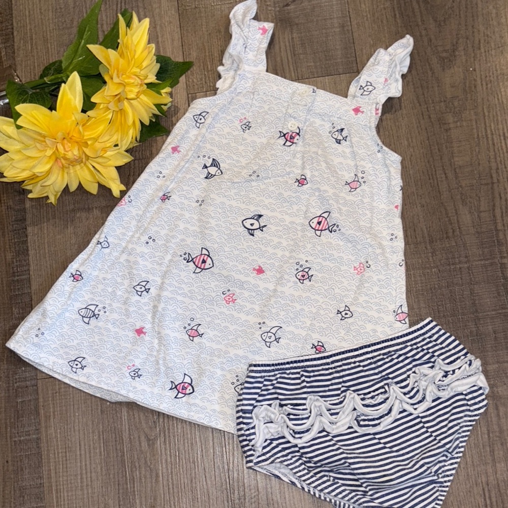 Angel Dear Fish Print Dress with Striped Bloomers